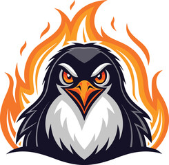 Fierce cartoon penguin mascot ablaze with dynamic flames, symbolizing intense power and spirited determination