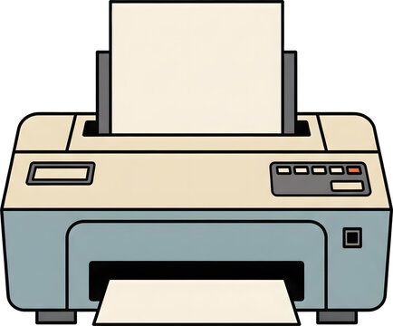 A retro dot matrix printer feeding a sheet of paper. Old office equipment or computer peripheral illustration. Nostalgic technology concept art, isolated on a white background.
