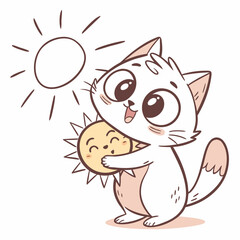 White cartoon cat holding a smiling sun with rays Keywords: cat, kitten, feline, animal, pet