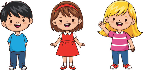 Cartoon children, diverse kids, smiling faces, waving hand, colorful outfits, red dress, blue shirt, striped 