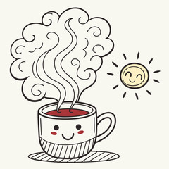 Cute Steaming Coffee Cup with Happy Face and Sun hot coffee