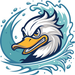 Dynamic illustration of a fierce duck mascot emblem, breaking through a powerful wave of water, perfect for sports teams or brand identity
