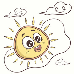 Happy Cartoon Sun Character With Smiling Clouds vector illustration
