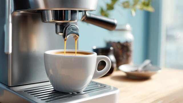 窓辺の朝光でエスプレッソが白いカップに注がれミルクピッチャーと柑橘が香り立つ