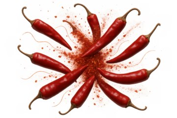 Red chili peppers forming a circle and scattering spicy powder, creating a burst of flavor on transparent background