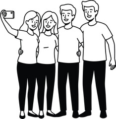 Happy group of friends taking selfie together, smiling young people posing for photo in simple black and white cartoon illustration