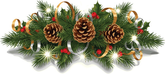 Elegant Christmas decoration with evergreen fir branches, pinecones, festive red berries, and sparkling gold and silver ribbons