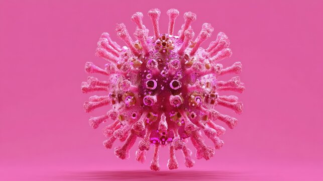 Pink rendering of a virus cell with spike proteins and a bubble-like core on a pink backdrop - Powered by Adobe