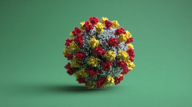 3D rendering of a virus, spherical shape, spikes, red, yellow, grey, on green