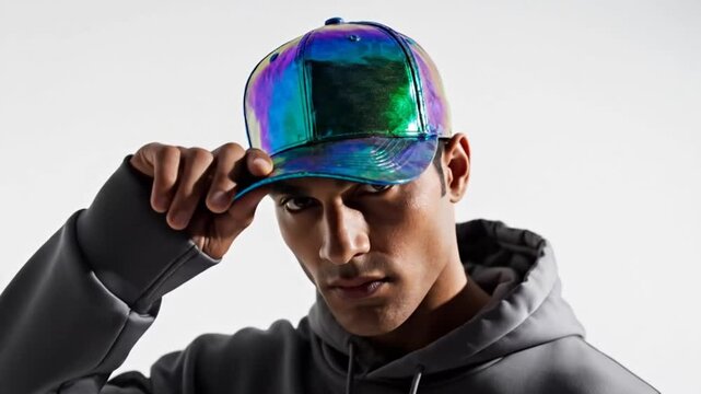 Dapper Man in Iridescent Cap and Hoodie, Confident Stare, Studio Portrait - Powered by Adobe