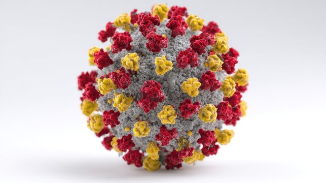 3D rendered image of a virus particle with red, yellow, and grey components against white