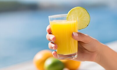  hand holding a fresh citrus drink, bright natural light