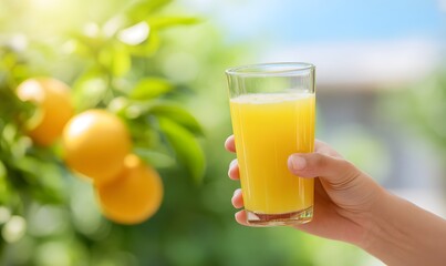  hand holding a fresh citrus drink, bright natural light