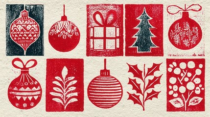 a linocut print of stylized christmas ornaments, trees, presents, holly, arranged in blocks like a quilt pattern  