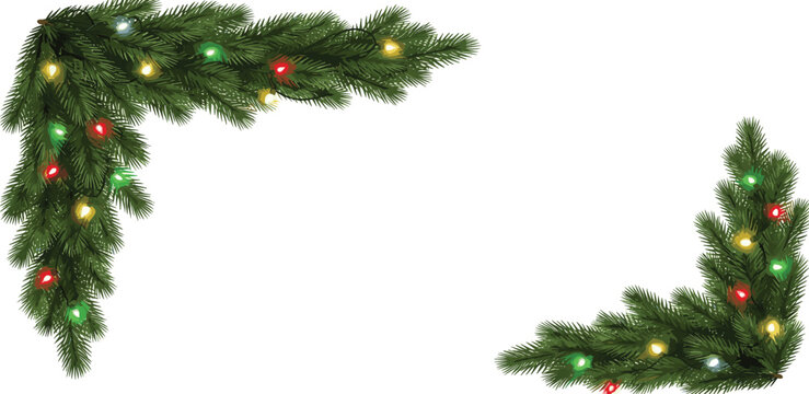 Decorative corners crafted from lush green Christmas tree branches, illuminated by glowing multicolor string lights, perfect for festive holiday designs and seasonal borders - Powered by Adobe