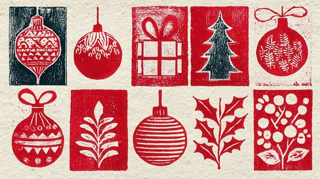 a linocut print of stylized christmas ornaments, trees, presents, holly, arranged in blocks like a quilt pattern  