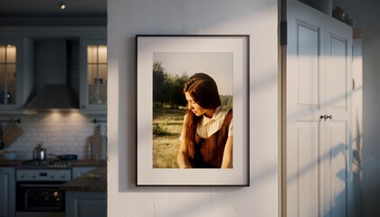 Framed artwork of a woman displayed on a wall in a modern home interior.