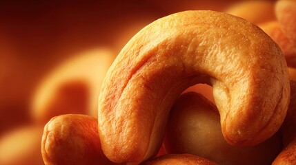 Close-up shot of roasted cashew nuts with a warm, inviting color palette