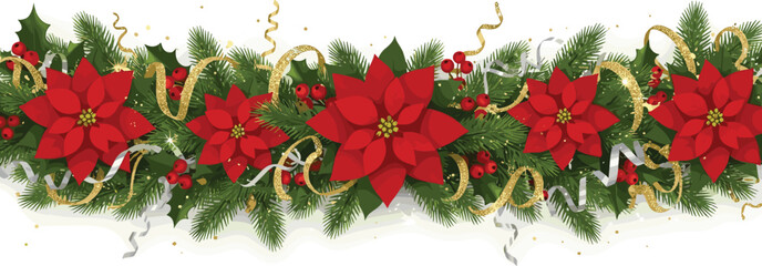 Festive Christmas Garland Border Red Poinsettias, Green Fir, Gold Ribbons, Silver Tinsel. Elegant Holiday Decoration for Seasonal Designs and Celebrations