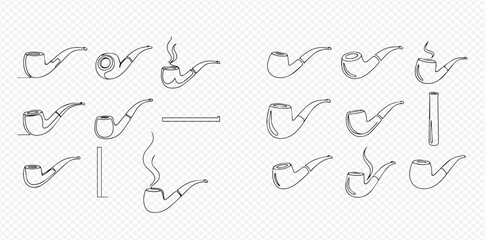 Collection of hand-drawn smoking pipes in various styles, some emitting smoke, on a transparent background.