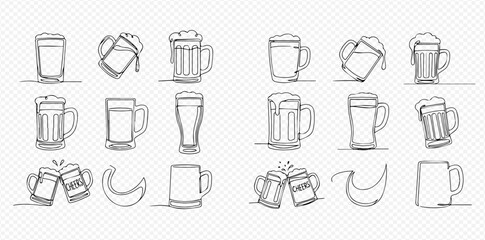 Continuous line art drawings of various beer glasses and mugs, including full, tilted, and clinking designs, on a transparent background.