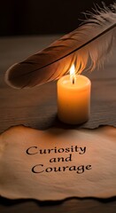 A lit candle with a feather resting on top, placed next to a handwritten note that reads 'Curiosity and Courage' in a warm, dimly lit setting