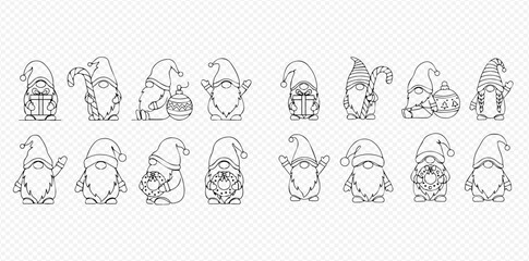 Collection of cute line art gnomes in various poses, holding holiday items like gifts, candy canes, and lanterns, perfect for festive designs.