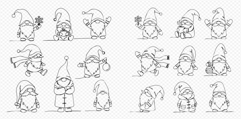 Collection of cute line art gnomes in various poses, perfect for holiday and winter themed designs and coloring books.