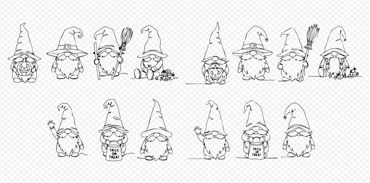 Collection of whimsical line art gnomes with pointy hats and long beards, some holding objects.