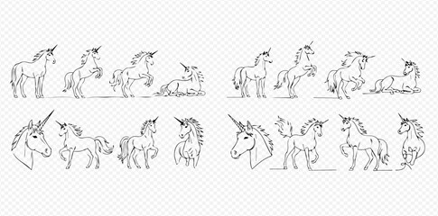 Collection of hand-drawn unicorn illustrations in various poses, featuring mythical creatures in simple line art style. © Lunara Arts