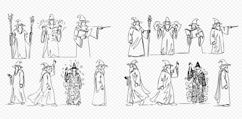 Collection of line art sketches depicting a wizard character in various magical poses, holding staff and casting spells.