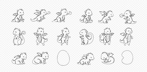 Cute baby dragon line art illustrations in various poses with egg and empty egg shape.