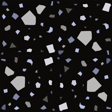 Gray terrazzo on black background. Seamless pattern. Set of different marble surface. Vector illustration
