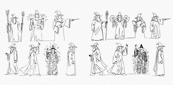 Collection of line art sketches depicting a wizard character in various magical poses, holding staff and casting spells.