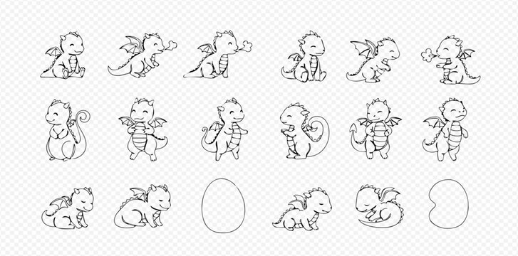 Cute baby dragon line art illustrations in various poses with egg and empty egg shape.