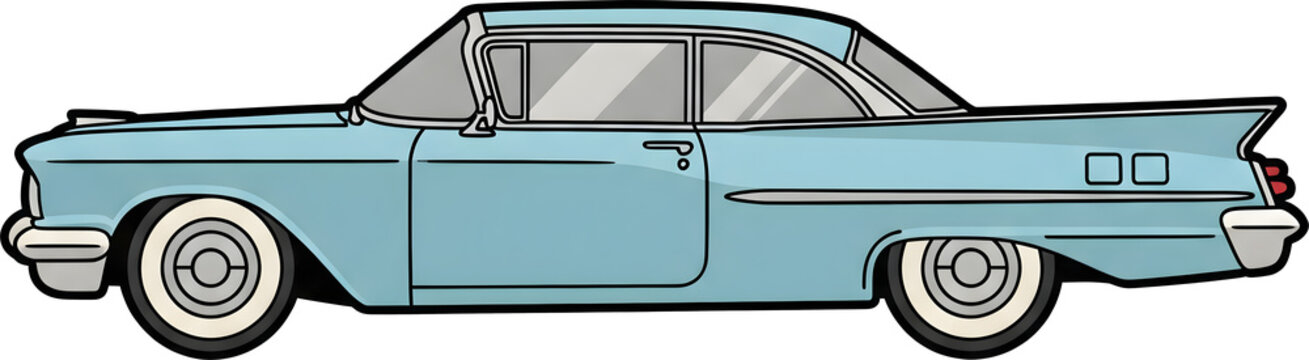 A classic blue car from the 1950s. A retro automobile with tailfins. A vintage vehicle illustration, isolated on a white background. Perfect for automotive or nostalgia themes.