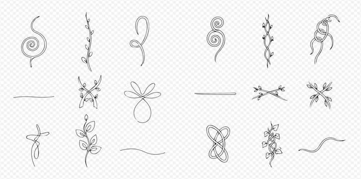 Set of abstract continuous line art decorative elements including swirls, floral patterns, knots, and minimalist dividers for graphic design.