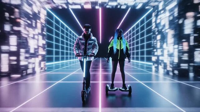 Dynamic Youth on Electric Scooter & Hoverboard in Evolving Neon Cyber Grid Landscape