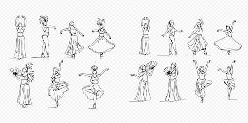 Collection of continuous line drawings depicting female dancers in cultural costumes performing various traditional dance forms.