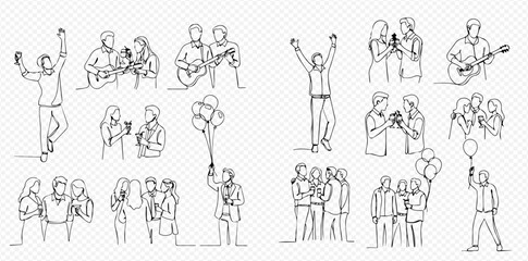 A collection of continuous line art drawings depicting people celebrating, socializing, playing music, and toasting at parties and events.