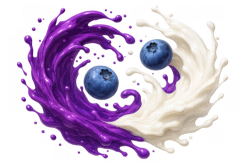 Blueberry and milk splash forming yin yang symbol, showing balance and harmony with flying fruit for healthy drink