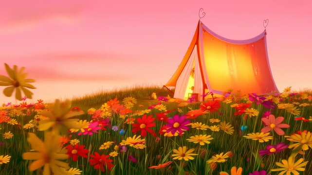 A stylized meadow scene features a tent bathed in warm light amid colorful flowers under a pink sky