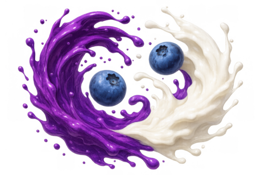 Blueberry and milk splash forming yin yang symbol, showing balance and harmony with flying fruit for healthy drink