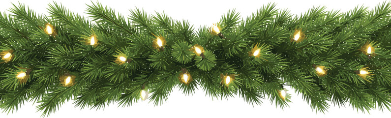 Lush green Christmas garland with glowing warm fairy lights for festive holiday decoration, isolated on a white background