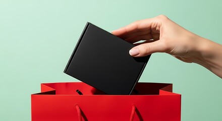 Close-up of a hand placing a sleek black gift box into a vibrant red shopping bag against a soft green background