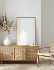 Minimalist Interior Design with Rattan Cabinet and Blank Frame.