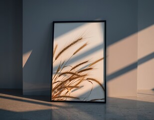 Minimalist framed pampas grass art print with warm sunlight and shadows.
