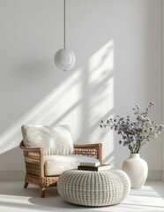 Minimalist Interior Design with Rattan Furniture and Natural Light.