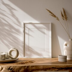 Minimalist interior scene with white frame, rustic table, and natural light shadows.
