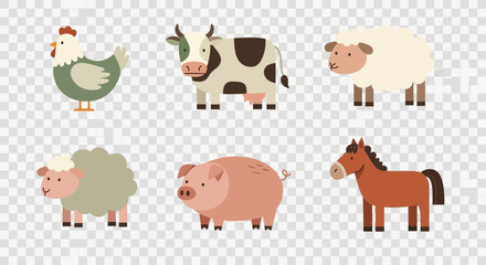 Fototapeta premium Adorable farm animals cartoon illustration featuring chicken, cow, sheep, pig and horse design
